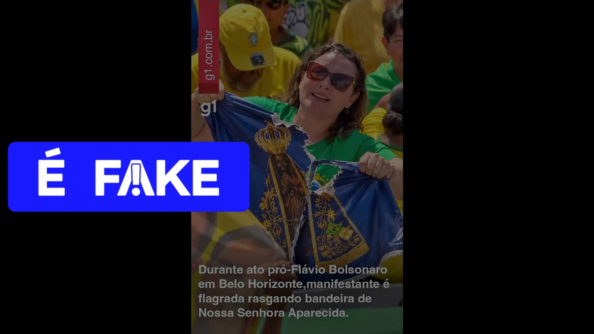 É #FAKE foto de mulher rasgando bandeira de Nossa Senhora Aparecida em ato de apoio a Flávio Bolsonaro; cena foi criada com IA